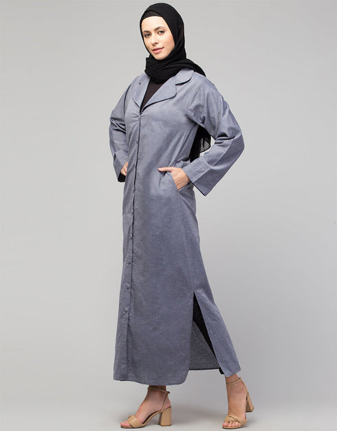 Arabic Abaya with self-fabric buttons and coat collar In the Shade Of Sky Blue